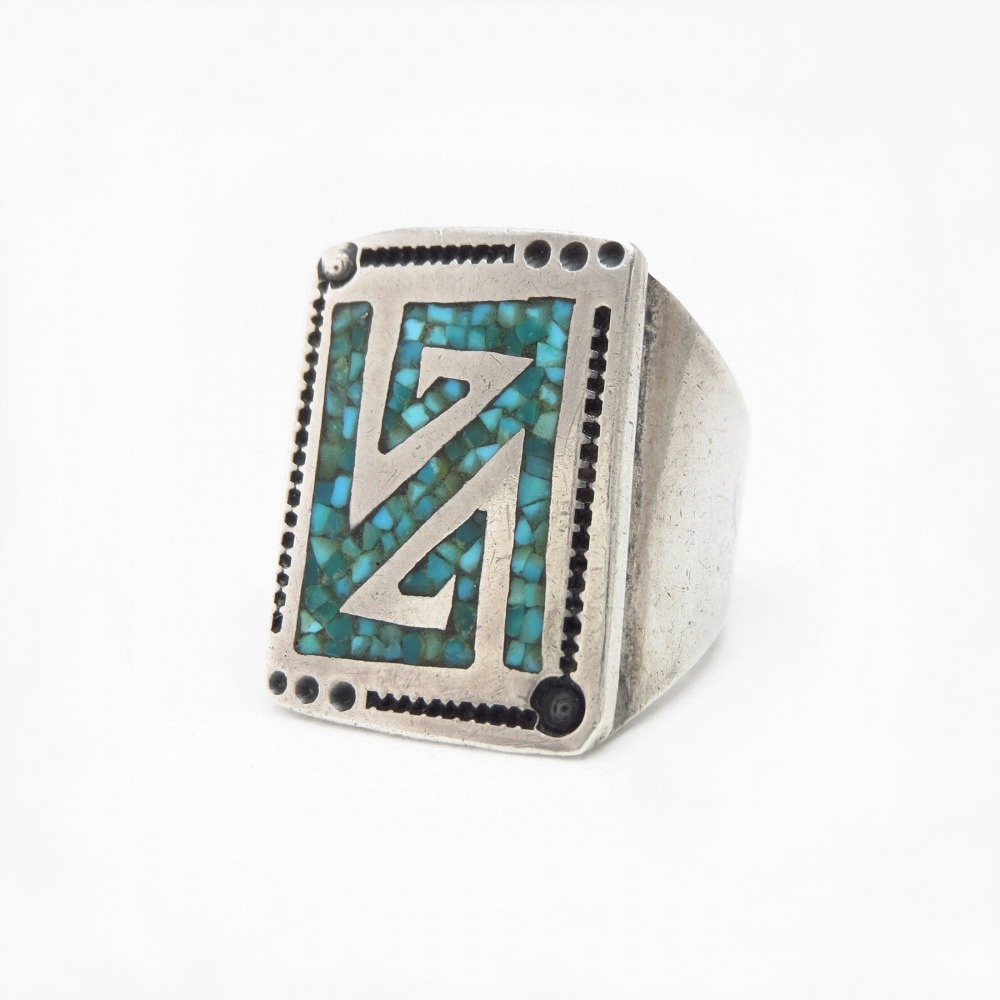 【Tommy Singer】Navajo Turquoise Chip Inlay Silver Ring c.1970