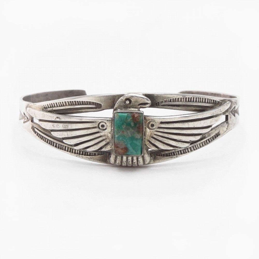 Atq Stamped Silver T-bird Applique Cuff w/Turquoise  c.1930～
