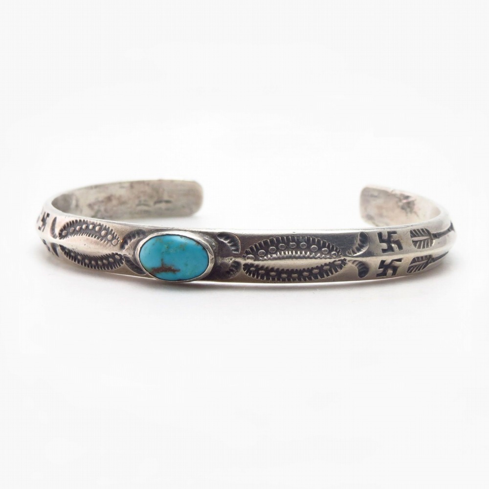 Atq Navajo 卍 Stamped Triangle Wire Cuff w/Turquoise  c.1930