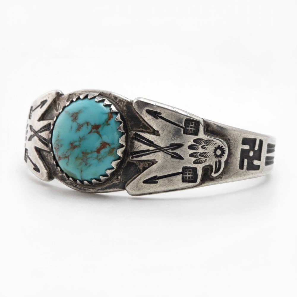 Atq Navajo T-birds Applique & 卍Stmped Ingot Slv Cuff c.1920~