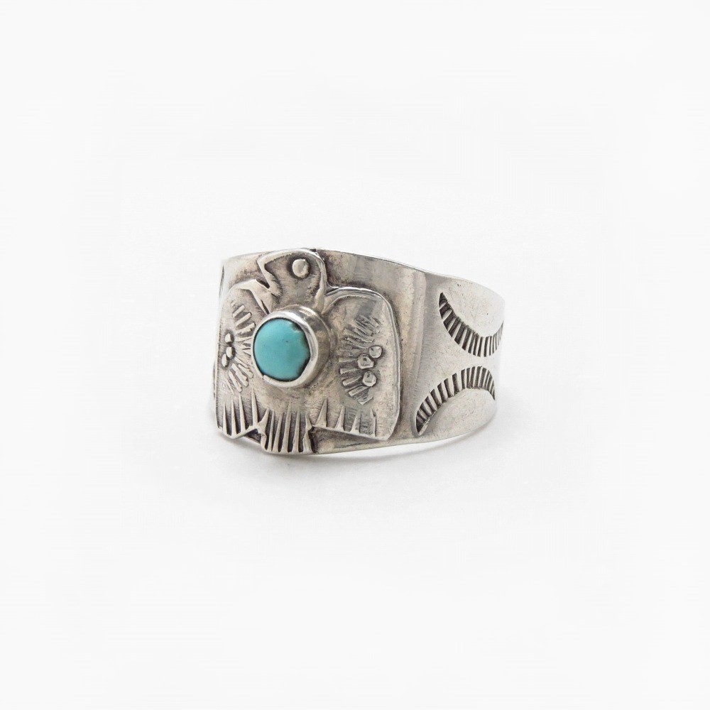 Atq Navajo T-bird Applique Silver Ring w/Turquoise c.1930~
