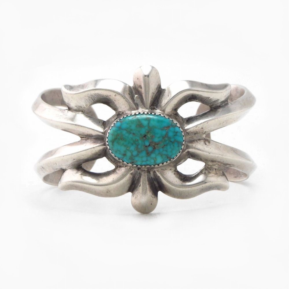 Vintage Navajo Casted Silver Cuff w/Gem Turquoise c.1950~