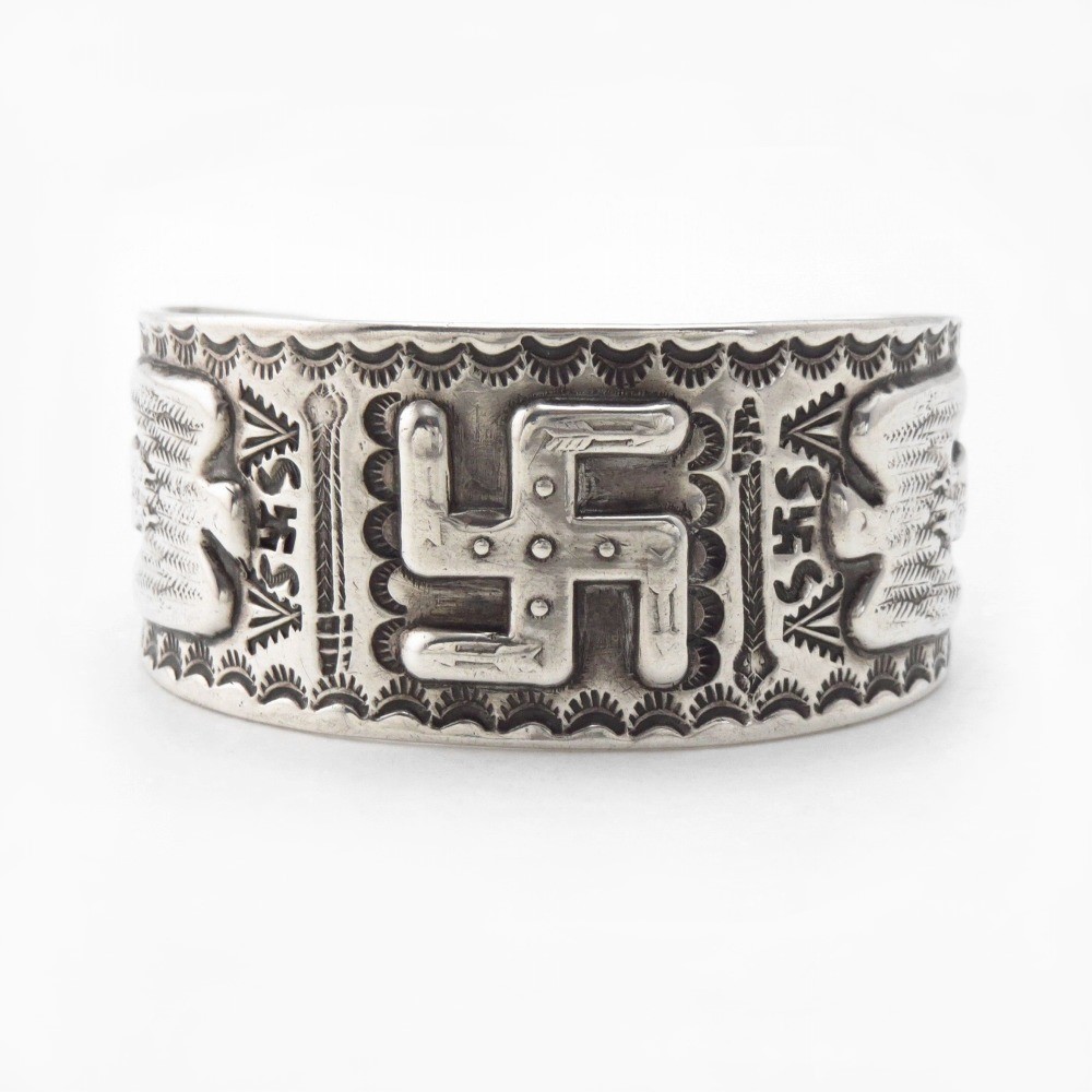 Antique Navajo 卍 & T-birds Repoused Coin Silver Cuff c.1920~