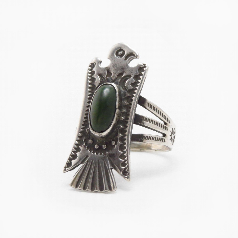 Atq Navajo T-bird Face Silver Ring w/Green Turquoise c.1930~