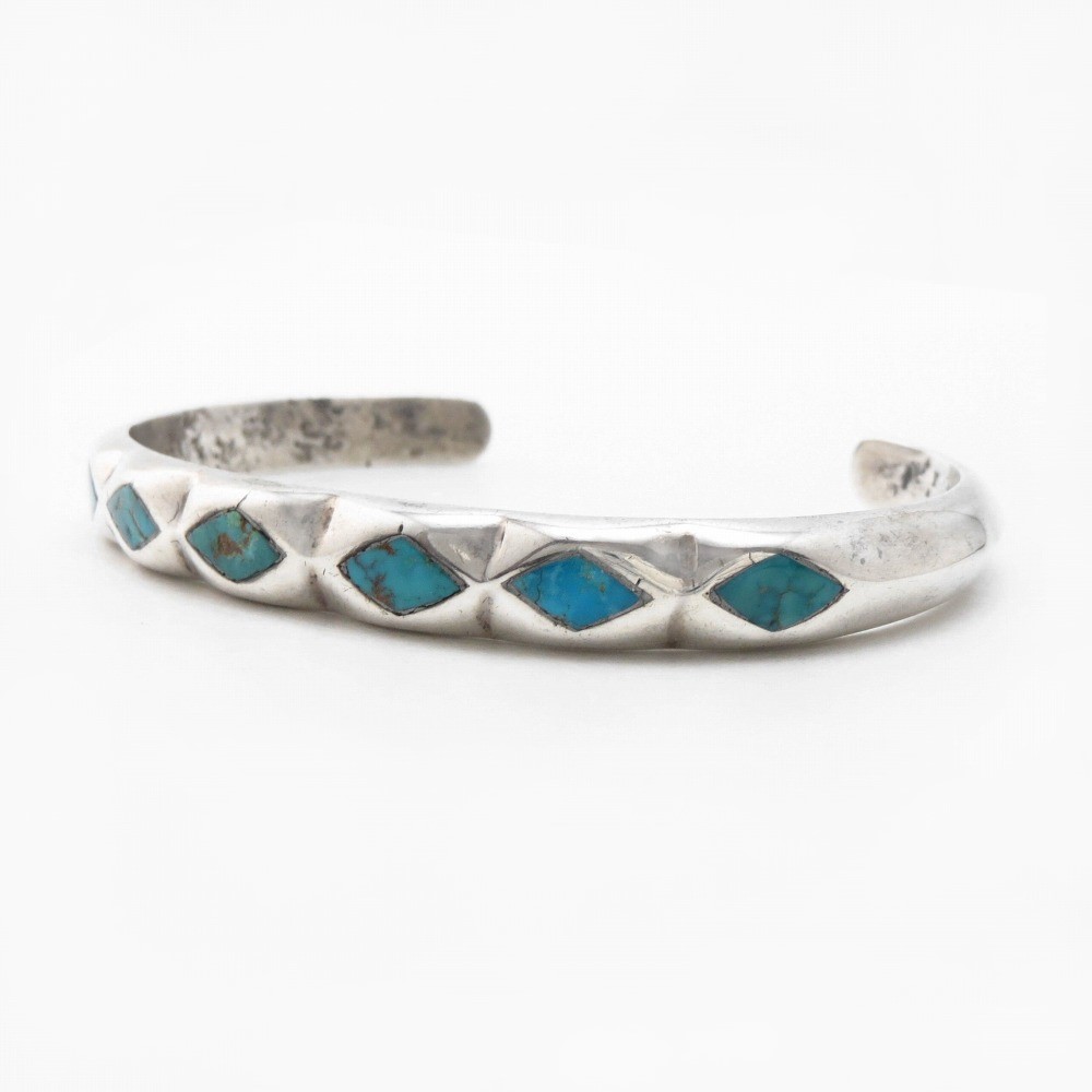 Vintage Zuni Turquoise Inlay Casted Silver Cuff c.1960~