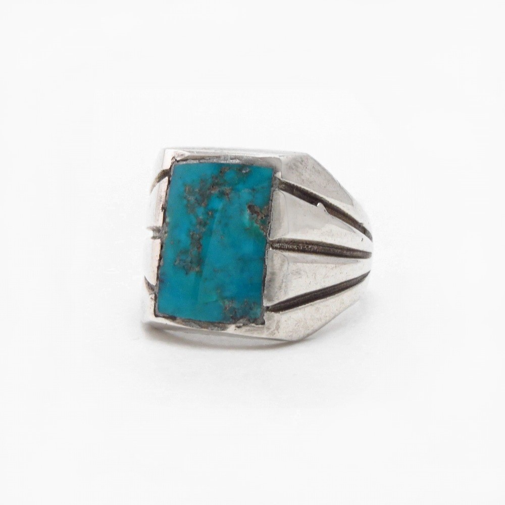 Vintage Navajo Turquoise Inlay Cast Silver Mens Ring c.1965~