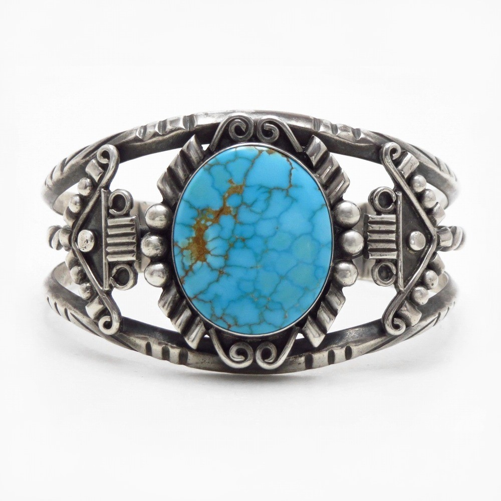 Vintage Navajo Silver Cuff w/Gem No.8 Turquoise c.1950~