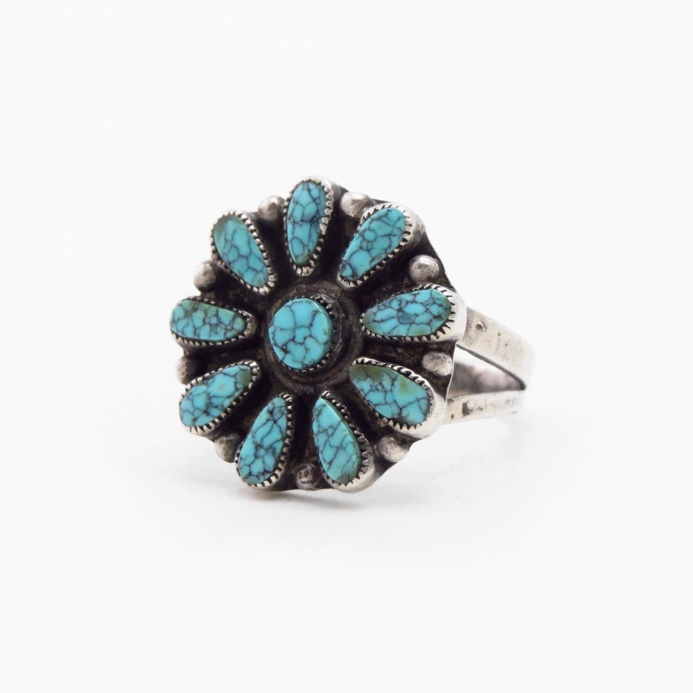 Vtg Zuni Gem No.8 Turquoise Cluster Ring in Silver c.1940~