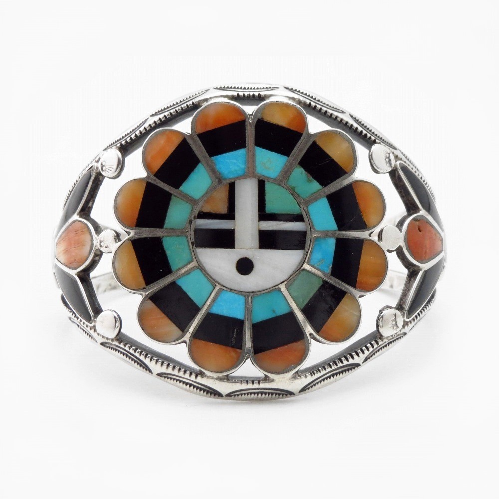 Antique Zuni Sun Face Multi-Stone Inlay Silver Cuff c.1945~