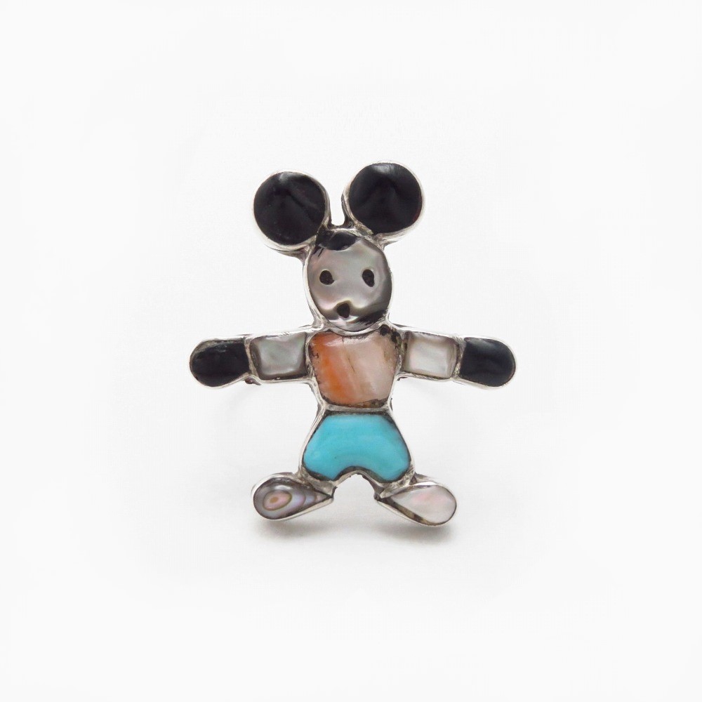 Vintage Zuni 『Mickey?』 Multi-Stone Inlay Silver Ring c.1975~