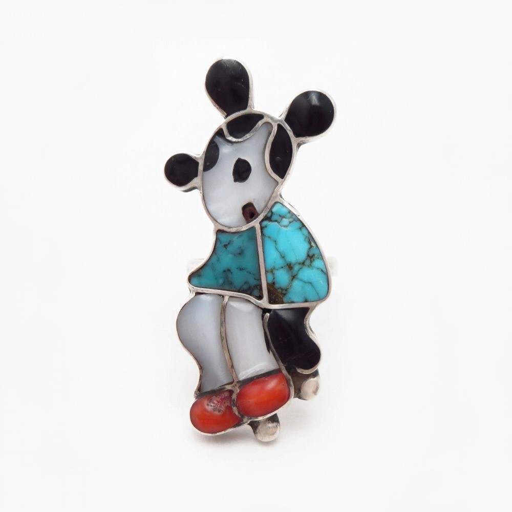Vintage Zuni Gem Turquoise Inlay『Mickey?』Silver Ring c.1975~