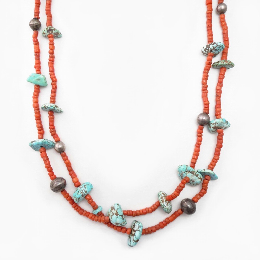 Vtg Coral & No.8 Turquoise Bead 2 Strand Necklace c.1945~